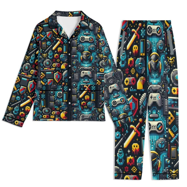 All over print gamer Unisex Long Sleeve Adult Nightwear Gaming Pattern Pajama Set| Teal with black and yellow accents yellow - Go hard Gaming Discord-Iron Phoenix GHG