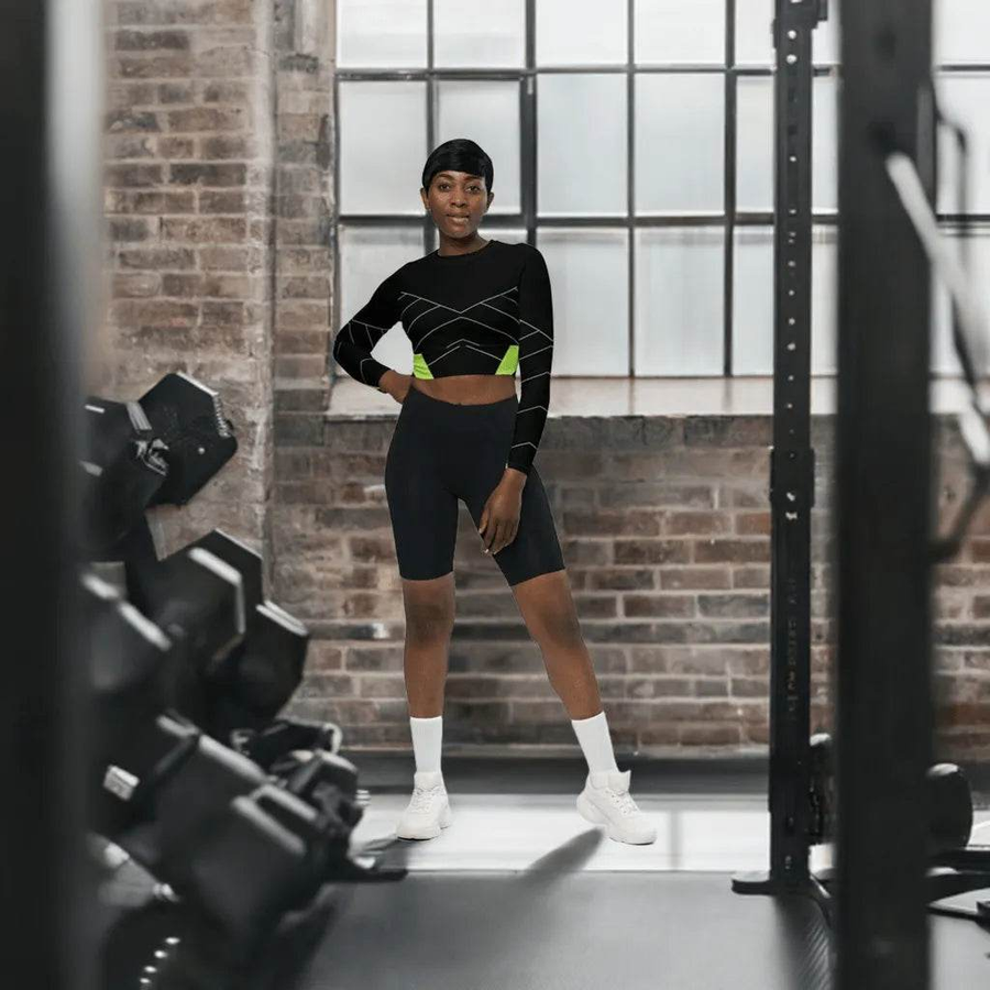 Green "Neon Grid" Long Sleeve Crop Top | Iron Phoenix