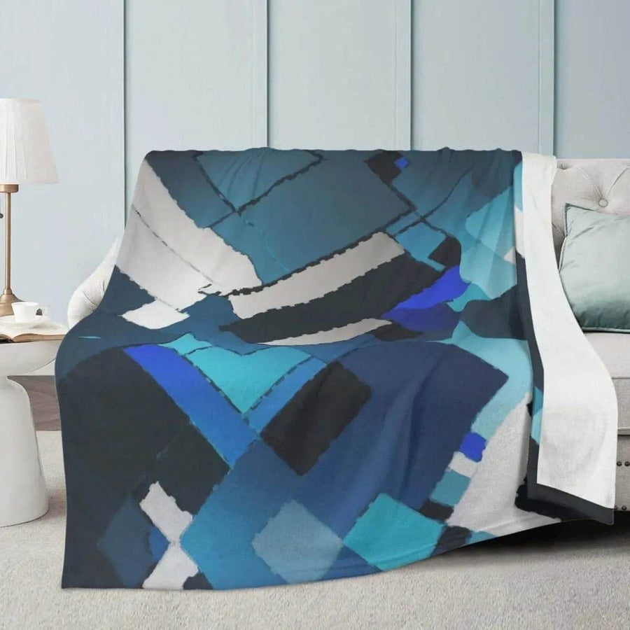 Blue Geometric Blanket | Modern Abstract Fleece Throw - Iron Phoenix GHG
