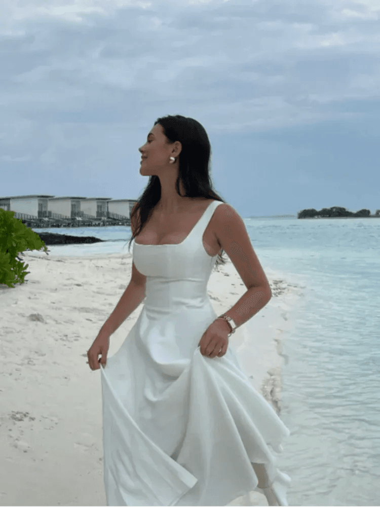 Elegant White High Waist A-line Dress - Square Neck - Iron Phoenix GHG