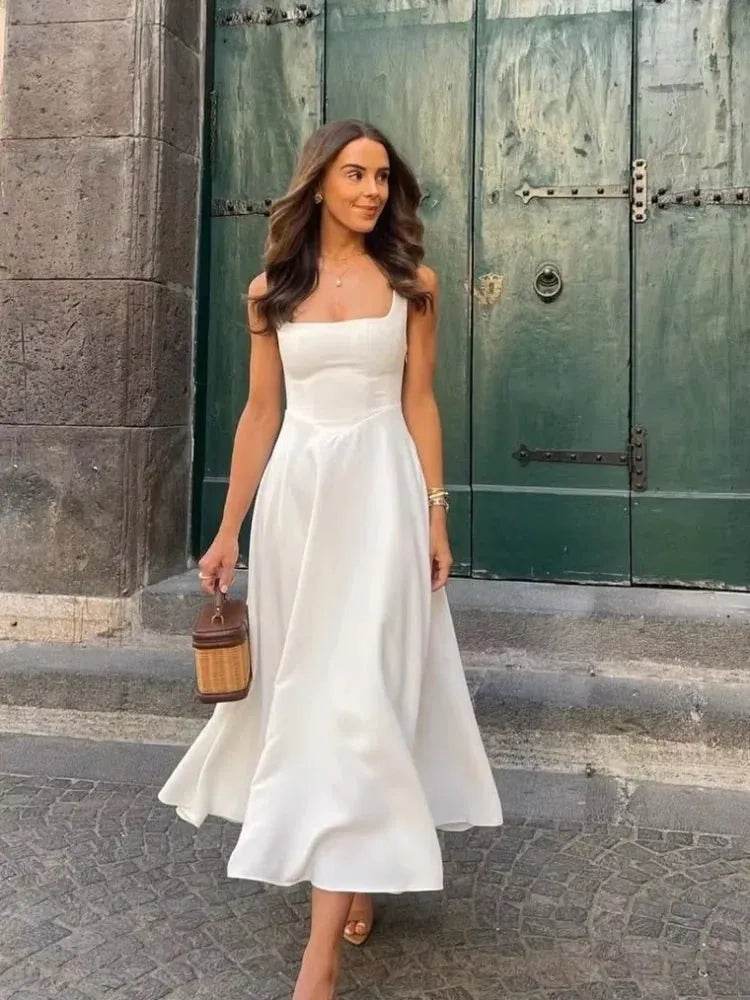 Elegant White High Waist A-line Dress - Square Neck - Iron Phoenix GHG
