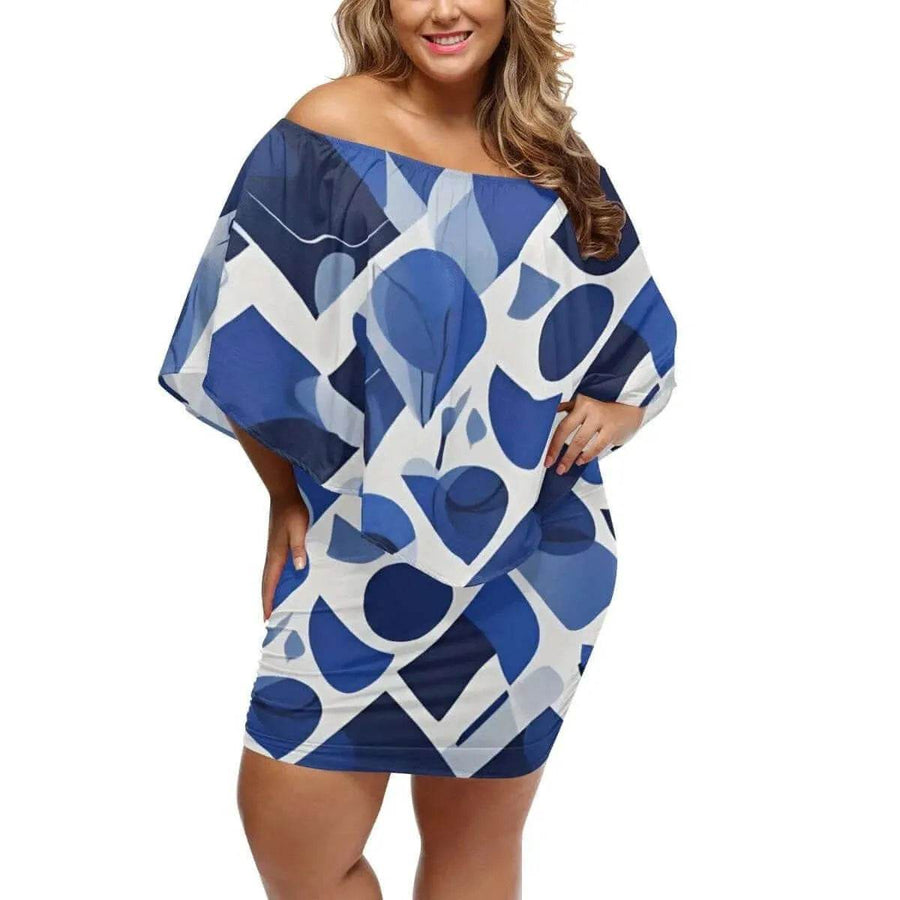 "Blue Abstract" Off-the-Shoulder Dress| Iron Phoenix GHG - Iron Phoenix GHG