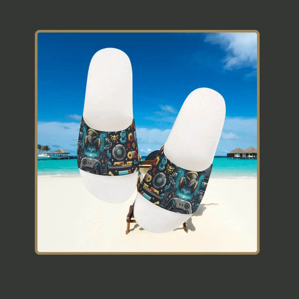 Kids Teal Pattern Slide Sandals, Cozy, Eco-Friendly - Iron Phoenix GHG