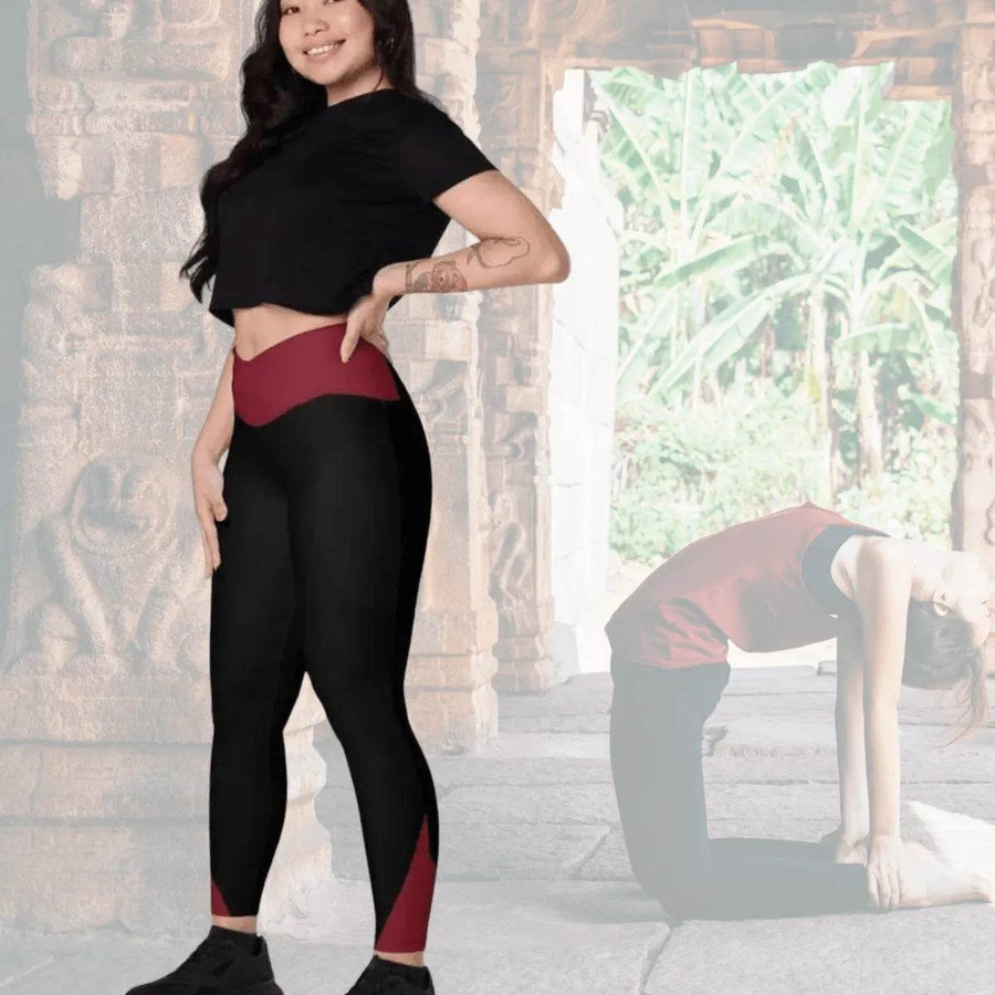 Maroon | Black Crossover Leggings with Pockets | Iron Phoenix - Iron Phoenix GHG