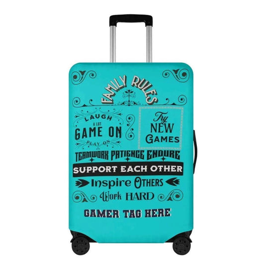 Teal Luggage Cover with Gaming Family Rules - Stylish Travel Accessory - Iron Phoenix GHG