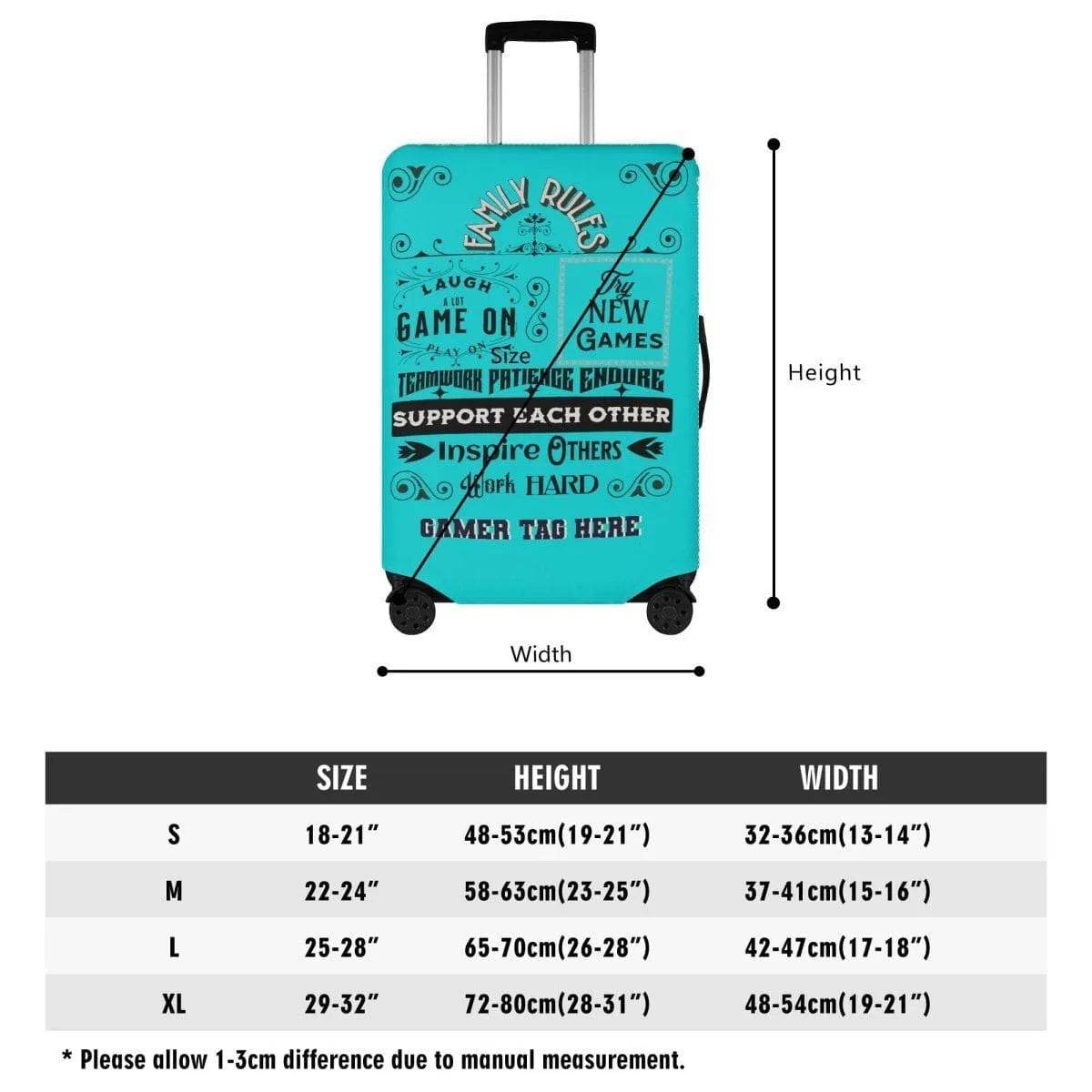 Teal Luggage Cover with Gaming Family Rules - Stylish Travel Accessory - Iron Phoenix GHG