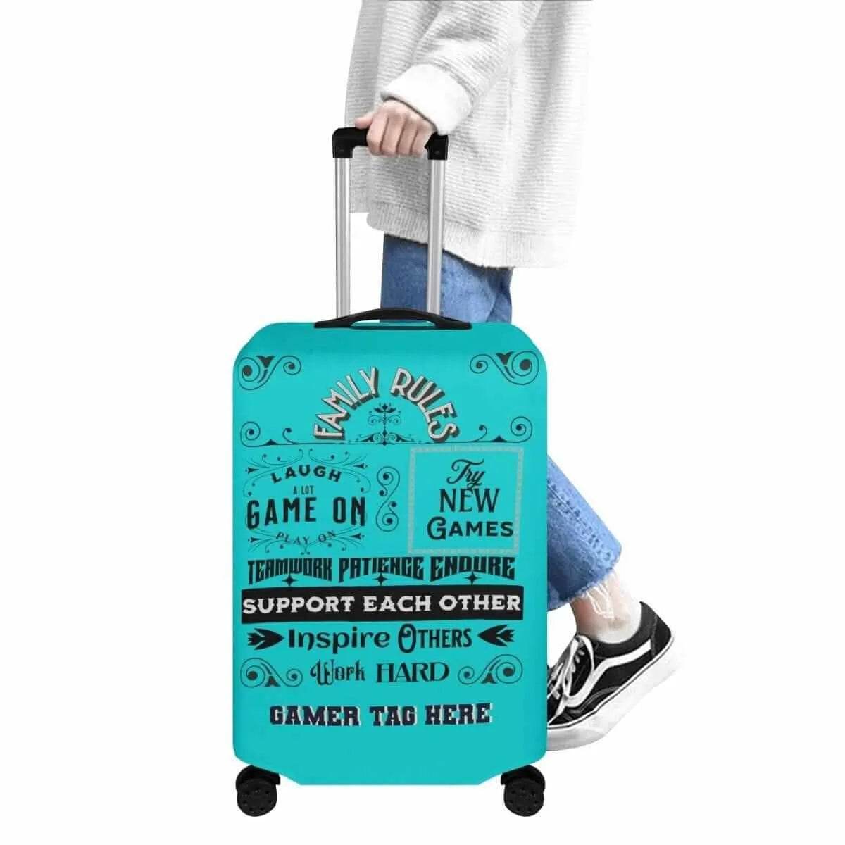 Teal Luggage Cover with Gaming Family Rules - Stylish Travel Accessory - Iron Phoenix GHG