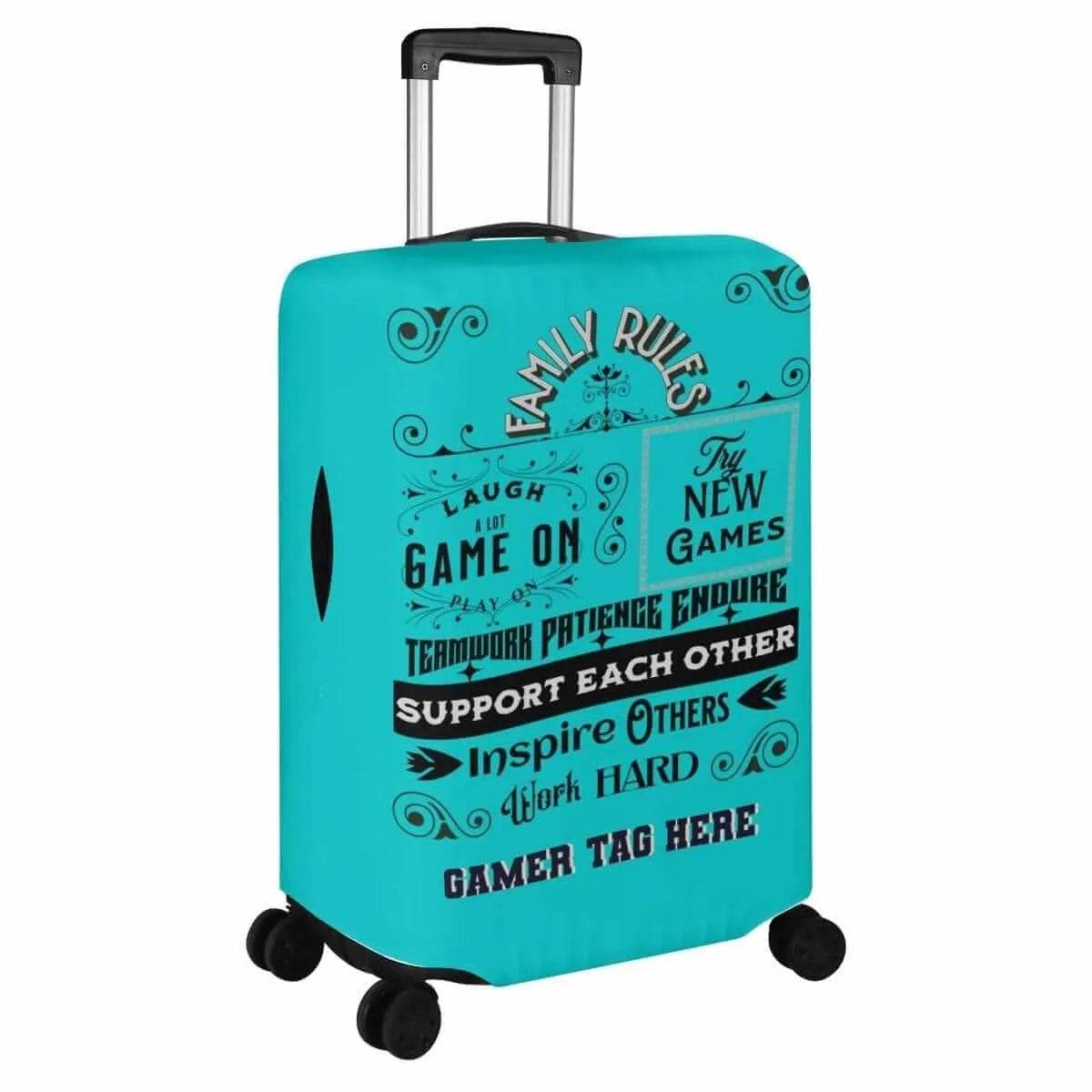Teal Luggage Cover with Gaming Family Rules - Stylish Travel Accessory - Iron Phoenix GHG
