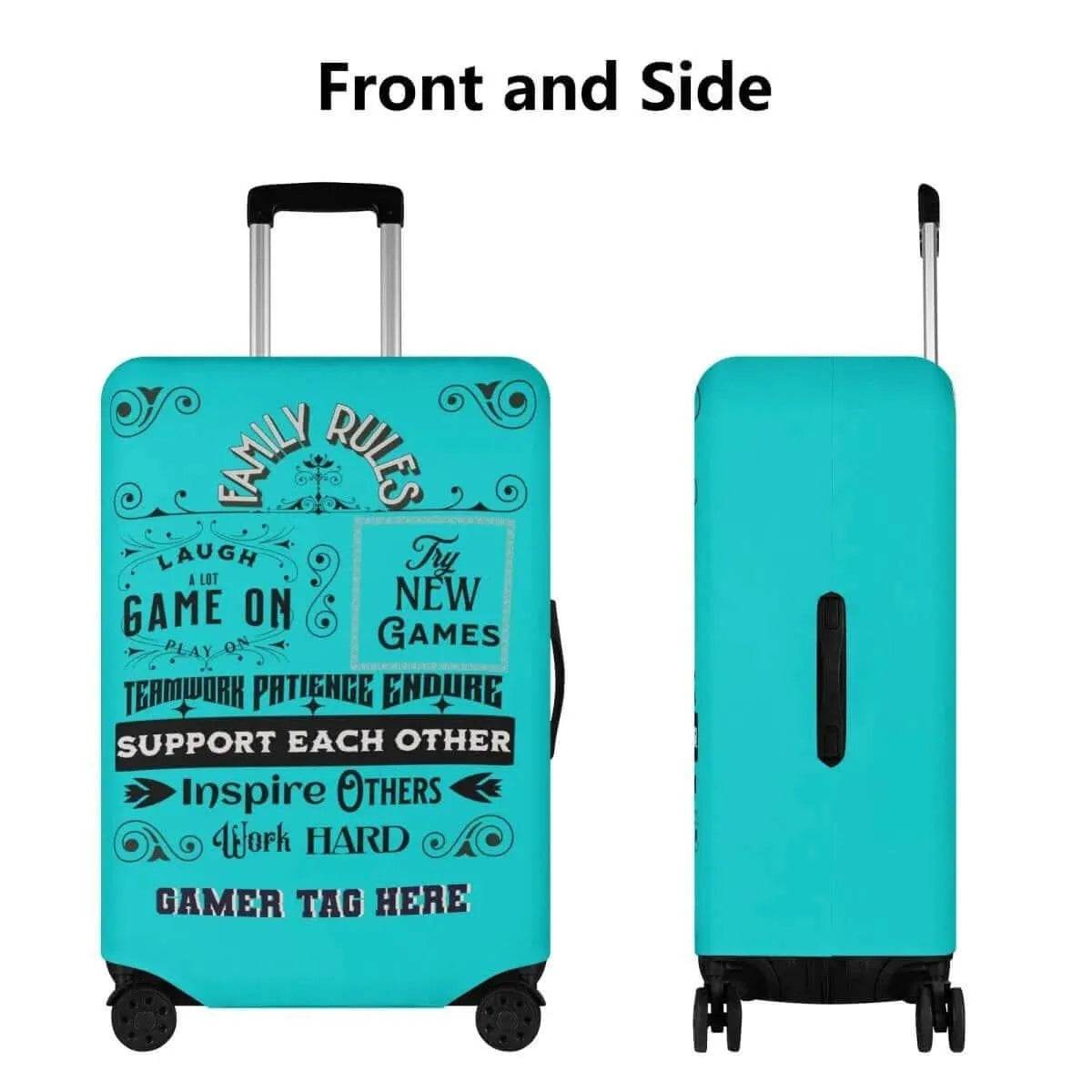 Teal Luggage Cover with Gaming Family Rules - Stylish Travel Accessory - Iron Phoenix GHG